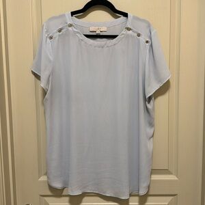 Baby blue top with gold button detail